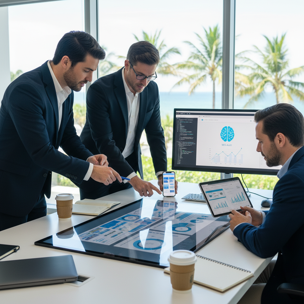 Custom Web Design in Delray Beach: Why a Generic Website Is Costing You Customers 1 Three men in suits are reviewing charts on a tablet, smartphone, and large touchscreen table in an office with palm trees visible outside.