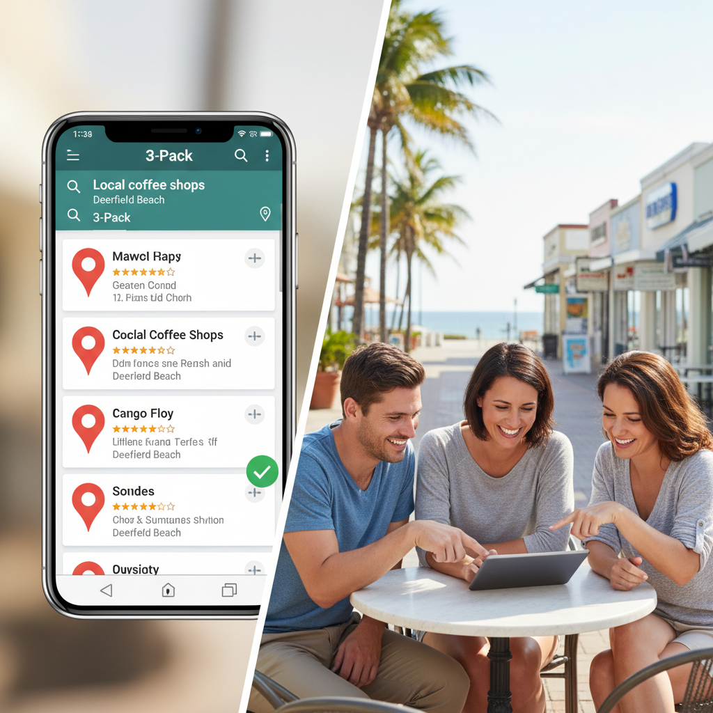 Google Business Profile Management in West Palm Beach: What Most Businesses Get Wrong 1 The image is split showing a smartphone screen with a local coffee shop listing on the left and three people seated at an outdoor beachfront promenade using a tablet on the right.