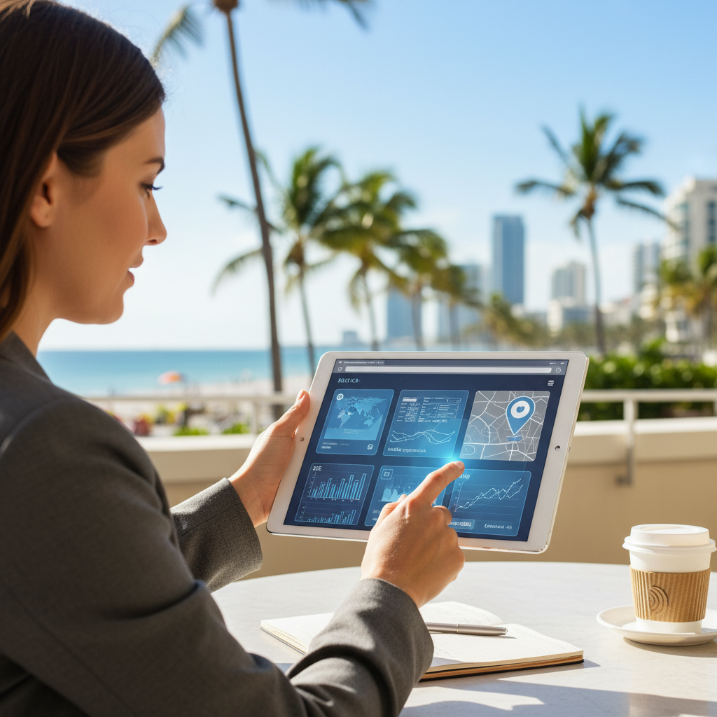 A person at an outdoor table is using a tablet showing data dashboards while a coffee cup, notebook, beach, palm trees, and a city skyline appear in the background.