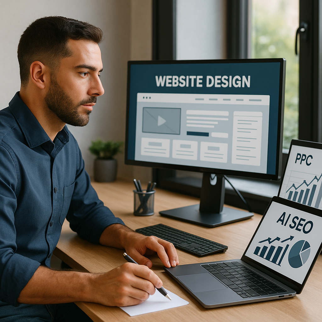 A man sits at a desk with a monitor showing "Website Design" and a laptop displaying "AI/SEO" charts while a secondary screen shows "PPC".