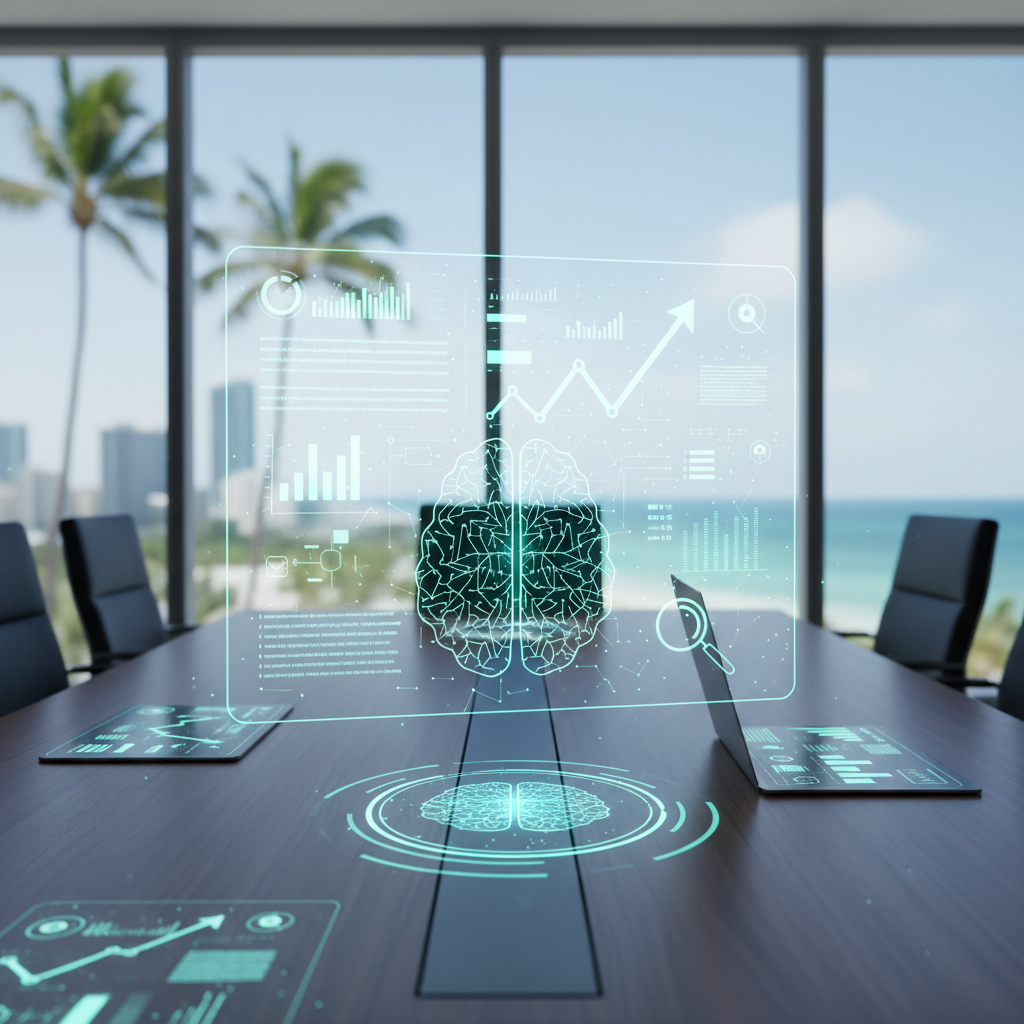 A boardroom table with a holographic brain and data visualizations projected above it, with floor-to-ceiling windows showing palm trees and an ocean view.